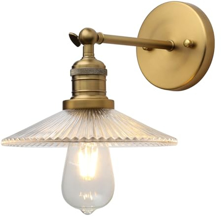 JIMUBEAM Lampada da parete vintage industriale a 1 luce con paralume in vetro trasparente a coste a imbuto, applique da parete per interni per soggiorno camera da letto bagno sopra lavello da cucina