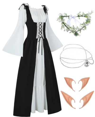 FOVER Gothic Kleidung Damen Mittelalter Renaissance Kleid Trompetenärmel Vintage Kleider Karneval Kostüm Piraten Cosplay Outfit mit Kopf Kette Blumenkranz Elfenohren Overknee Socken FR035M