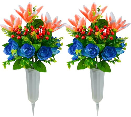 XONOR Künstliche Friedhofsblumen für Grab, 2 Stück Künstliche Blumen Blumenstrauß Gedenkblumen mit Vase für den Friedhof im Freien Grabsteine Friedhof Grabstein Dekoration (Orange Lilie)