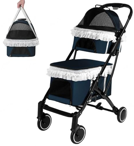 DECORN Doppelte Haustier-Kinderwagen, Zusammenklappbarer Hundekinderwagen mit 4 Rädern für 2 Kleine Hunde oder Katzen, Doppel-Katzenkinderwagen mit 2 Abnehmbaren Tragetaschen, Dunkelblau