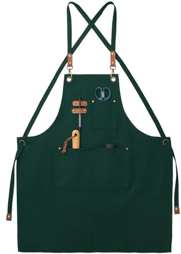 Verde Grembiuli in Tela, Lavoro Grembiuli per Uomini e Donne, Regolabile Grembiule da Cuoco con 3 Tasche, Grembiule per Servire Cucina, Cottura, Pittura, Artista, Croce Posteriore