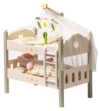 ROBUD 18 Dolls Cot Bunk Bed, Baby Soll Cot Wooden Dolls Bed with Ladder and Bedding, Baby Doll Accessories, Toddler Toys for Girls Boys Babies Gifts