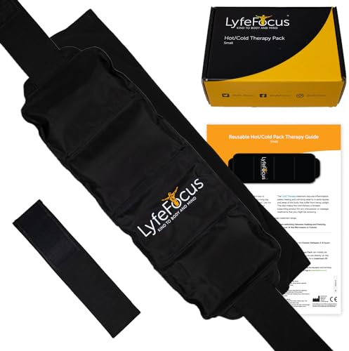 LyfeFocus Hot & Cold Gel Pack, Shoulder, Leg & Back, Black, + Strap | Shoulder, Leg & Back Pain Relief, Microwaveable & Freezable Reusable Hot & Cold Wrap for Injuries, 45x15cm
