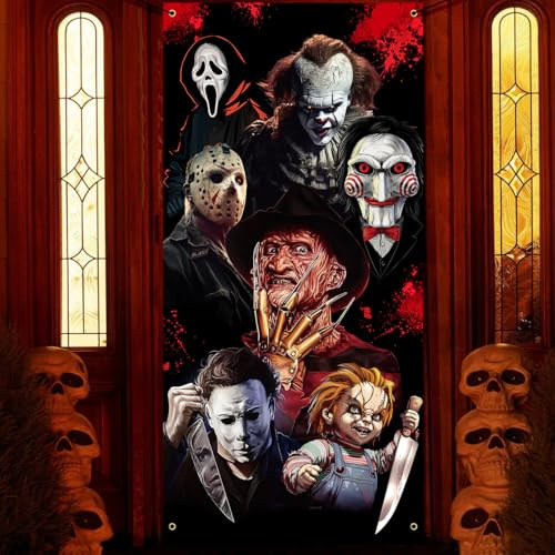 Cubierta de puerta de Halloween, decoración de pancarta de terror, pancarta de puerta de personaje de película clásica de terror, pancarta de fondo de fotos de fiesta de Halloween para fiesta de