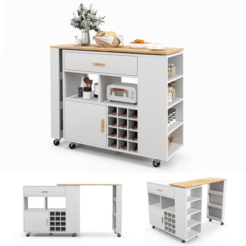 COSTWAY 2 in 1 Carrello da Cucina, Carrello di Servizio Reversibile con Piano in Legno di Gomma, Ripiano Regolabile Porta Calici per 12 Bottiglie, 120x40x100 cm (Bianco)