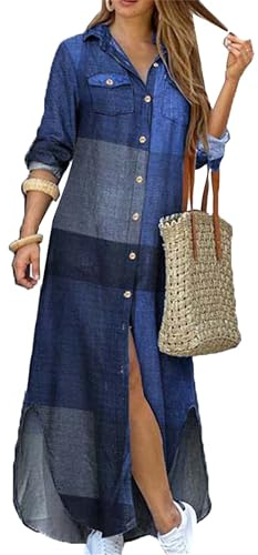 ZICUE Womens Casual Loose Shirt Dress Lapel Collar Long Sleeve Button Down Dress Floral Print Maxi Long Dresses