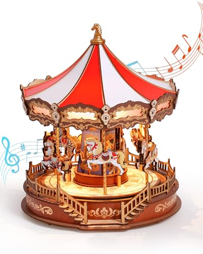 rowood Karussell 3D Puzzle Holz, Musik Box Modellbausatz für Erwachsene, DIY Spielzeugbausatz für Modellbau Konstruktionen Bastelset, Perfekt als Weihnachts oder Geburtstagsgeschenk