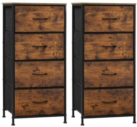 WOLTU Kommode schmal, 2er Set, Kommodenschrank mit 4 Schubladen aus Stoff | für Schlafzimmer Wohnzimmer Flur, industrieller Stil, Vintagebraun Schwarz