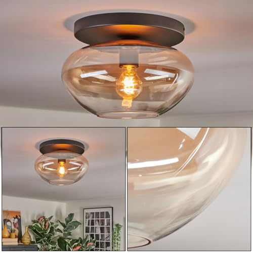 HOFSTEIN Deckenleuchte Mertola, 1-flammige Deckenlampe aus Metall/Glas in Schwarz/Bernsteinfarben/Klar, Leuchte im Retro/Vintage-Design (Schirm Ø 30 cm), E27, Esszimmer, Wohnzimmer, Küche, Flur, Büro