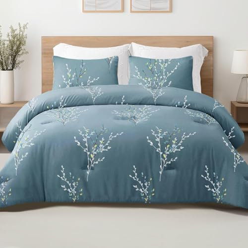 Bettdecke 200x220 Ohne Bezug Nutzbar, Blumen Und Pflanzenmuster Bettdecken Waschbar Ganzjahresdecke Blau 4 Jahreszeiten Steppdecke, Bettzeug Microfaser mit 2 Kissenbezug für Sommer Winter Doppelbett