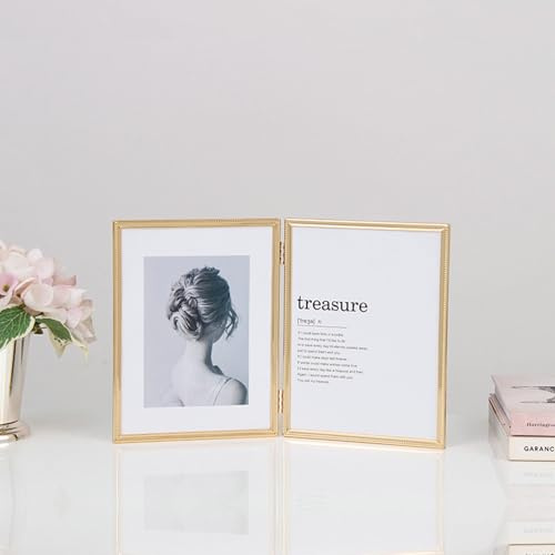 Whoiy Bilderrahmen 9x13 Gold Glas Doppelt schwebend Kleine Fotorahmen Metall für Schreibtisch, Büro, Familie, Hochzeit oder Jahrestag, Vertikal für Tischdisplay