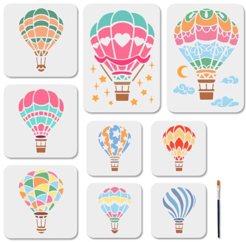 MAYJOYDIY 9 Stück Heißluftballon Malschablonen Sterne Wolken Mond Heißluftballon Schablonen 15~29.7 × 15~21cm Wiederverwendbare Vorlagen Mit Pinsel Für Holz Wände Fenster Heimdekoration