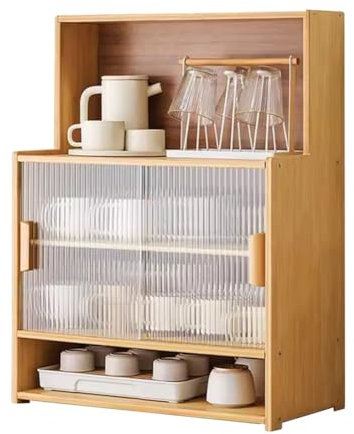 Vitrina de vidrio de chupito, soporte para tazas de café, armario de almacenamiento para cocina, mesa, mostrador, despensa, tarros de taza y botella (bambú natural, 55 x 28 x 74 cm)