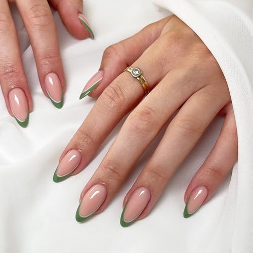 St Patrick's Day French Short Almond Press-on Nails - Long-Lasting, Removable Full Cover Green Acrylic for Women, 24PC