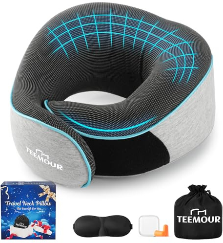 Travel Pillow for Adults,Memory Foam Airplane Pillow with 360 °Neck Support, Includes Storage Bag, Eye Mask, Ear Plugs, Adjustable Travel Pillow for Long Flights,Train,Car & Business Trips(Grey)