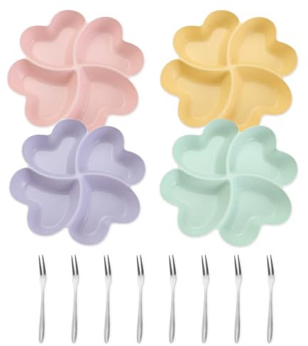 YZROHYI 4 Pezzi Piatto Snack,Piatti per Frutta Secca,Piatti da Spuntino,Piatto per Antipasti A Scomparti,Vassoio Porta Snack,Porta Aperitivo da Tavola,Vassoio da Caramelle con 8 Forchette da Frutta