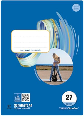 Style Schulheft - 10 Hefte à 16 Blatt, DIN A4, 80 g/m², liniert mit RL | Lineatur 27, hochwertiges Papier, ausgezeichnet mit dem EU Ecolabel, praktische Details