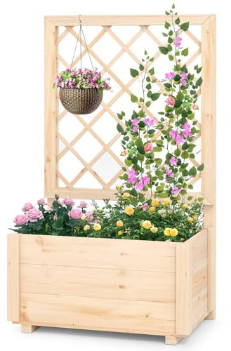 GOPLUS Hochbeet mit Rankgitter, Erhöhter Blumenkasten mit Ablauflöchern, Gartenbeet aus Tannenholz, Pflanzkasten Pflanzkübel Rankhilfe für Kletterpflanzen, für Terrasse Balkon (58 x 35 x 101 cm)