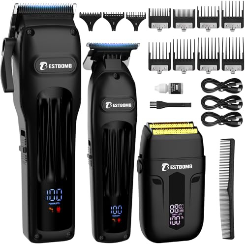 Hårklippare för män, professionella hårklippare, skäggtrimmer och uppladdningsbar rakapparat, T-blad i metall, LED-skärm, barberarhårklippningskit för män grooming och gåvor (808A-svart)