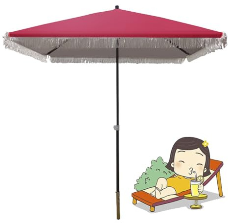 Ombrellone da spiaggia con frange bordeaux 2 x 2 m, baldacchino quadrato da giardino con nappe, ombrellone da tavolo per balcone, piscina, bar e mercato