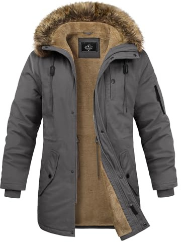 Xnova Men's Thermal Winter Parka Jacket Fluffy Warm Fleece Lined Padded Jackets Military Cargo Cotton Coat Mid-Length Full Zip Outerwear with Detachable Trim, Grey, XL