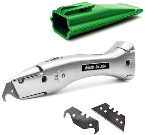 Delphin®-03 Teppichmesser | 1 Hakenklinge | 1 Trapezklinge | Kunststoffköcher grün