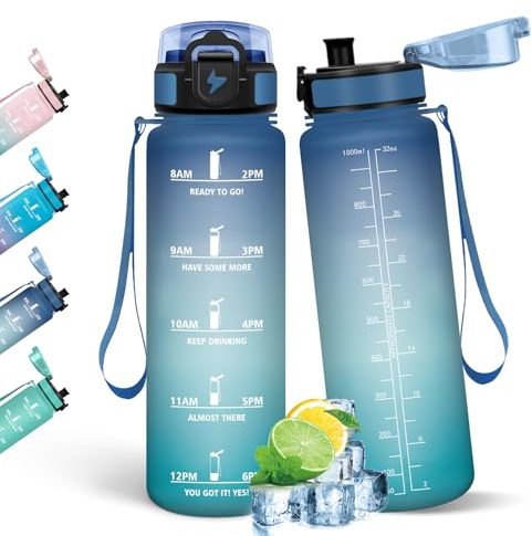 HoneyHolly Trinkflasche 1L, Auslaufsicher mit Zeitmarkierung, Wasserflasche, Sportflasche mit Filter, Trinkflasche Kohlensäure Geeignet, Flasche, Wasserflasche Sport für Outdoor, Fahrrad, Fitness