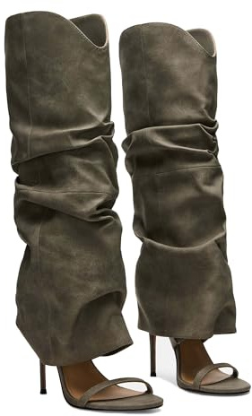 MAIJED Slouchy Knee High Boots for Women Open Toe High Heel Sandals Boots Pull On Long Fashion Stiletto Heeled Boots Green Size US7