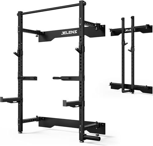 JELENS SF01 Folding Squat Rack, Wall Mounted Power Rack for Home Gym, Space Saving Multi-Functional Power Cage with More Attachments (Black, SF01 Squat Rack)