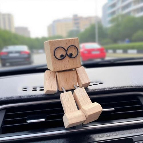 MAbelo Schüttelmann Holz Auto Dekor mit magnetischen Gesichtern, Wackelnder Holzmann Auto-Dekor, Handgefertigte Wackelfigur Auto für Armaturenbrett & Schreibtisch Accessoire（2 magnetische）
