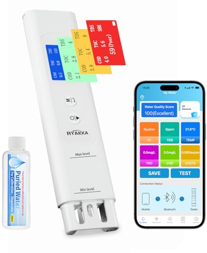 RYAKKA Smart 6-in-1 Trinkwassertester mit App Tds Messgerät für Trinkwasser TOC, COD, EC, UV275, Temperatur Digitaler Wasserqualität Tester für Haus & Camping | Risiko-Kontrolle und Analyse
