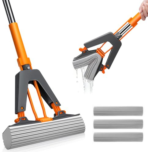 MASTERTOP Self-Squeeze PVA Sponge Floor Mop with 3 Replacement Heads | 125cm Stainless Steel Pole, Hands Free Wringing, Lazy Cleaning Mop for Laminate Tile Hardwood Vinyl Floors, Highly-Absorbent