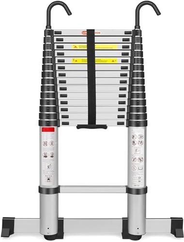 4.4M Alu Teleskopleiter mit Haken Ausziehbare Leiter, Klappleiter mit Stabilisator Stehleiter Rutschfester, aus hochwertigem Aluminium, Ausziehleiter Mehrzweckleiter, Haushaltsleiter