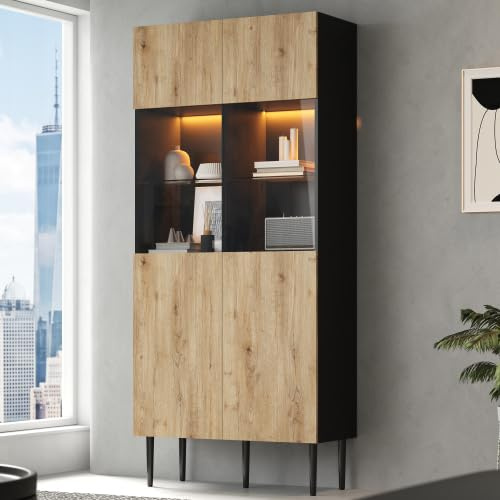 Merax Vitrine 80 x 35 x 180 cm, Glasvitrine mit LED App-Steuerung, Vitrinenschrank mit 10 Staufächern und Glastüren, Standvitrine Wohnzimmerschrank in Naturholz & Schwarz, Multifunktionsschrank