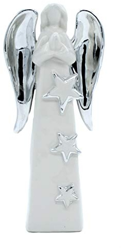 DARO DEKO Keramik Engel stehend Silber-weiß 25cm