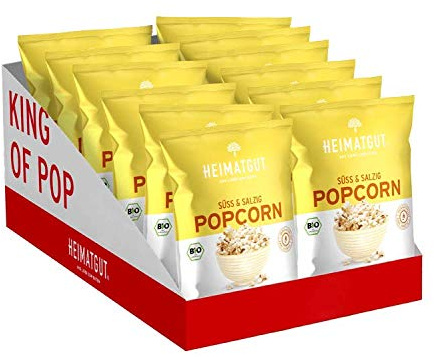 HEIMATGUT® Bio Vegan Popcorn Süß & Salzig | Aus bestem Butterflycorn Popcorn-Mais | Mit Bio Kokosöl & Ohne Butter und Palmöl | 10 Popcorn-Tüten à 90g | Glutenfrei & Ohne Künstliche Zusätze (10 x 90g)