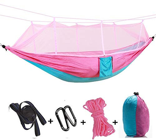 ele ELEOPTION Hamaca para Camping, paracaídas, Hamaca con mosquitera, soporta hasta 300 kg para jardín, Camping, Senderismo, Viajes, Rosa