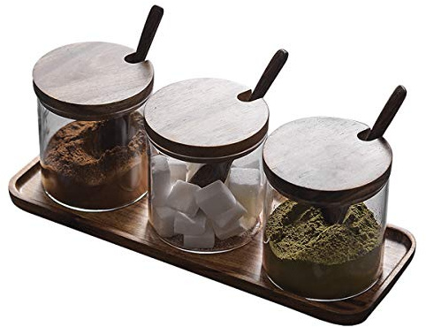 TentHome Pots en Verre à Épices 3 Bocaux en Verre à Condiments avec Cuillères en Bois et Étagère pour Cuisine