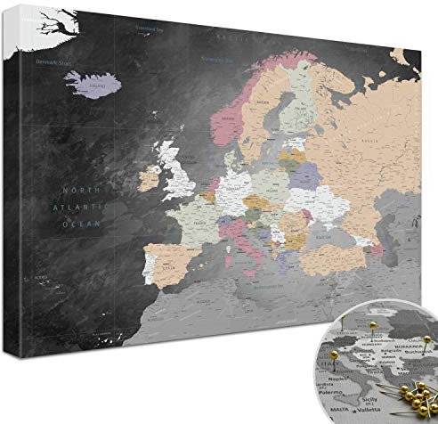 LANA KK - Luxus Pinnwand Europakarte - Schiefer Grau - Englisch - in 80 x 60 cm, stabile Rückwand zum Pinnen inkl. Starterkit - Leinwand-Kunstdruck Wandbild Landkarte XXL