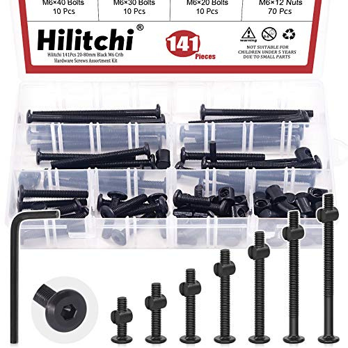 Hilitchi M6 140pcs Schwarz Innensechskantschrauben Schrauben Zylindermuttern Hardware-Sortiment für Kinderbett, Kinderbett, Möbel, Betten und Stühle (20-80mm Sortiment Set)