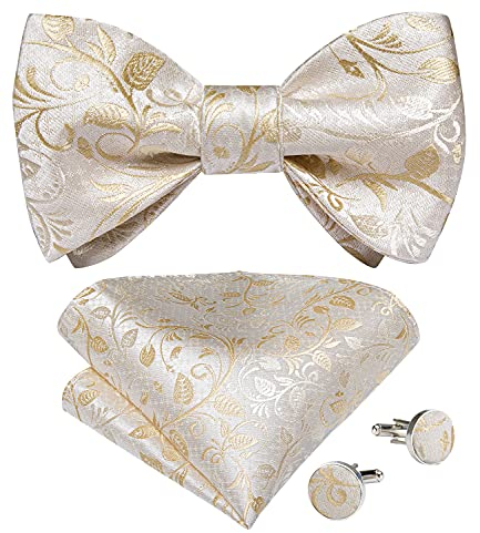 DiBanGu Herren-Fliege, Paisleymuster, Blumenmuster, Seide, selbstgebundene Fliege und Einstecktuch, Manschettenknöpfe, Set für Hochzeit, Party, Business, beige, Einheitsgröße
