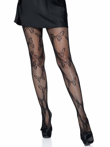 LEG AVENUE Damen Fishnet Tights With Butterflies. Strumpfhose, Schwarz, Einheitsgröße EU