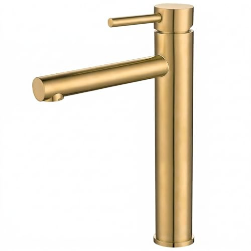 VALAZ Wasserhahn Bad Hoch Goldfarben Matt | Einhebelmischer Waschbecken, Warm und Kaltwassermischer, Wassersparer | Einfache und Schnelle Installation | Brass, Stainless, Elegant, Palancia-Serie