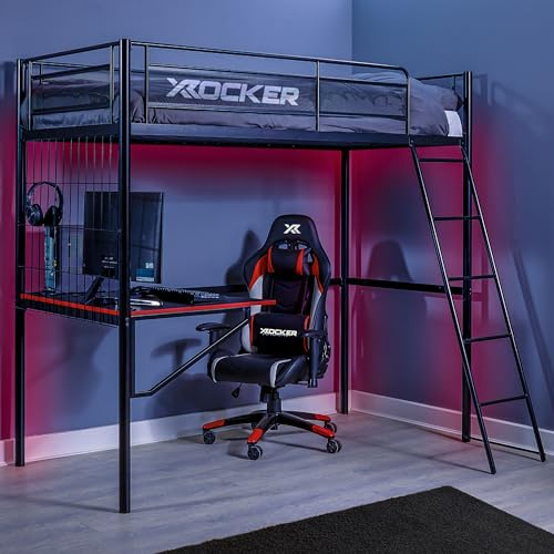 X-Rocker Icarus XL Gaming Etagenbett mit Schreibtisch, Einzelhochbett mit Leiter und offenen Regalen, Metallrahmen, Hochschlafbett für Kinder, Jugendliche und Junioren Etagenbett, für Jungen und