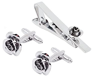 Jonwo Rose Blume 5.7cm Krawattennadeln Manschettenknöpfe für Herren | Herren Krawattenklammer Manschettenknopfsets für normale Krawatten Jubiläum Hochzeit Party Büro formelle alltägliche Anlässe