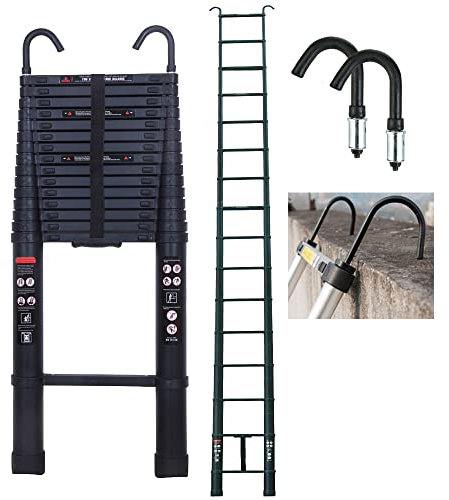 6,2m Aluminium Teleskopleiter mit Dachhaken Ausziehleiter DIY Faltbare Ausziehbare Leiter Traglast 330lbs (150kg), Schwarz