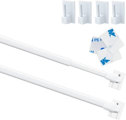 2Pcs Net Curtain Rods Extendable Curtain Rod with 6Pcs Plastic Sticky End Window Hook for Home Bathroom、Windows(40-70CM/16-28Inch,White)