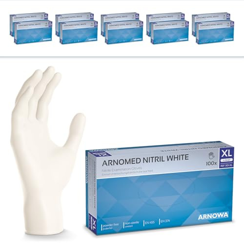 1000x ARNOMED® Guantes nitrilo talla XL Blanco, Guantes desechables quirurgicos y laboratorio, Luvas nitrilo descartaveis sin polvo y látex, Manoplas nitrilo en XS, S, M, L, XL, XXL