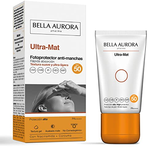 BELLA AURORA FotoProtector Antimanchas SPF50 Ultra-mat 50 ml | Protector solar acabado mate y sin brillos · SPF 50, UVA, UVB, IR, HEV y Wifi · Niacinamida y Cúrcuma