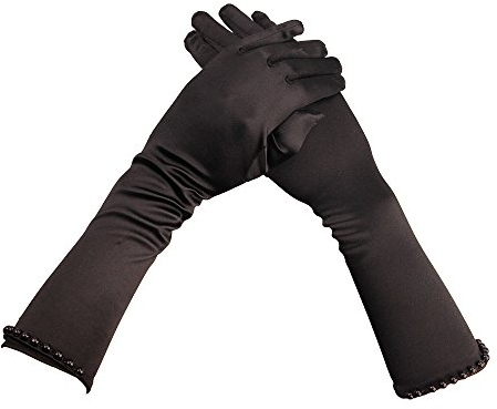 FakeFace Perlenverzierte Lange Brauthandschuhe für Blumenmädchen, Satin Ellenbogen Fingerhandschuhe, Mädchen Hochzeitkleid Handschuhe für Hochzeit, Party,Oper,Tanz, Kinder Braut Handschuhe SCHWARZ